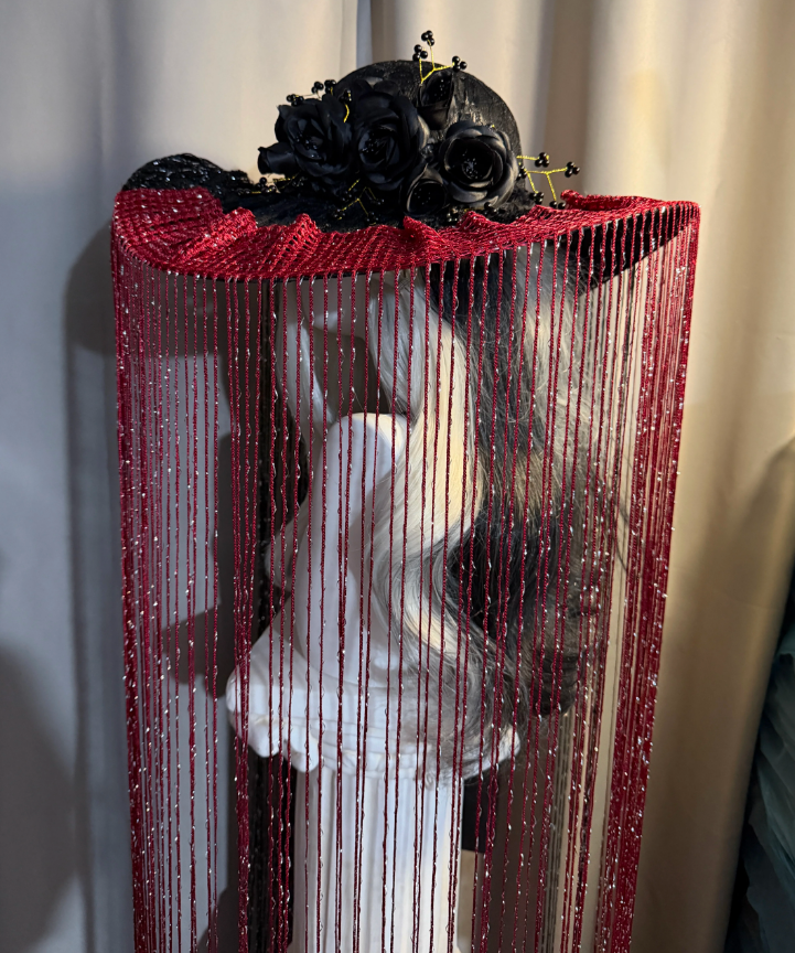Black Red Dramatic Tassel Widow Hat